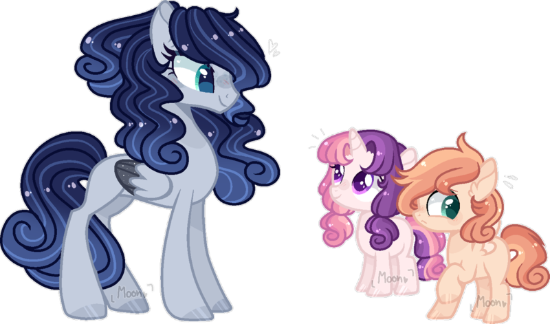 Size: 1165x686 | Tagged: safe, artist:moon-rose-rosie, derpibooru import, oc, oc:amalia, oc:eclipsa, oc:thunder dash, unofficial characters only, pegasus, pony, unicorn, base used, colt, female, filly, magical lesbian spawn, male, mare, offspring, parent:king sombra, parent:princess luna, parent:scootaloo, parent:sweetie belle, parents:lumbra, parents:scootabelle, simple background, transparent background