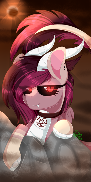 Size: 1000x2000 | Tagged: safe, artist:redheartponiesfan, derpibooru import, oc, oc:miss shimmer, pony, black sclera, female, horns, mare, solo