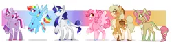 Size: 9500x2300 | Tagged: safe, artist:bubaiuv, deleted from derpibooru, derpibooru import, applejack, fluttershy, pinkie pie, rainbow dash, rarity, twilight sparkle, classical unicorn, earth pony, pegasus, pony, unicorn, leak, spoiler:g5, alternate design, applejack (g5), book, clothes, cloven hooves, colored wings, colored wingtips, earth pony twilight, fluttershy (g5), g5, leonine tail, mane six, mane six (g5), pegasus pinkie pie, pinkie pie (g5), race swap, rainbow dash (g5), rarity (g5), scarf, twilight sparkle (g5), unicorn fluttershy, unshorn fetlocks, wings