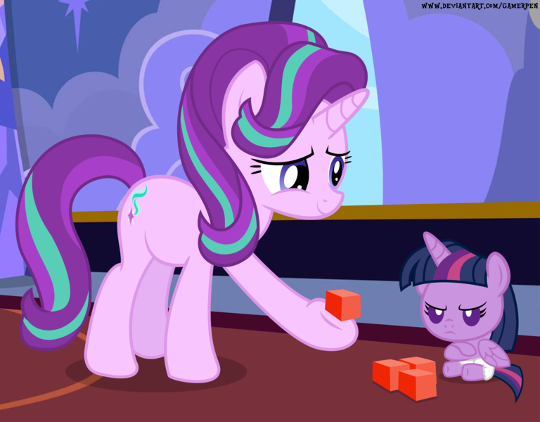 Size: 6400x5000 | Tagged: safe, artist:gamerpen, derpibooru import, starlight glimmer, twilight sparkle, twilight sparkle (alicorn), alicorn, pony, unicorn, ail-icorn, spoiler:interseason shorts, age regression, baby, baby pony, babylight sparkle, blocks, building blocks, crossed arms, diaper, female, foal, foalsitting, mama starlight, twilight is not amused, unamused, younger