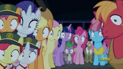Size: 639x360 | Tagged: safe, derpibooru import, screencap, apple bloom, applejack, big macintosh, cup cake, fluttershy, matilda, pinkie pie, rarity, scootaloo, spike, sweetie belle, twilight sparkle, twilight sparkle (alicorn), alicorn, dragon, earth pony, pegasus, pony, unicorn, 28 pranks later, cutie mark crusaders, discovery family logo, female, filly, girl scout, girl scout uniform, looking at you, male, mare, stallion
