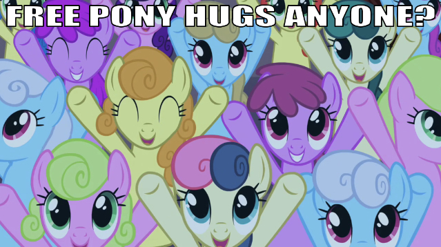 Size: 639x358 | Tagged: safe, derpibooru import, edit, edited screencap, editor:undeadponysoldier, screencap, berry punch, berryshine, bon bon, carrot top, daisy, flower wishes, golden harvest, linky, shoeshine, sweetie drops, earth pony, pony, the best night ever, adaisable, adorable face, adorabon, berrybetes, bronybait, caption, cute, cutie top, eyes closed, female, free hugs, happy, hooves up, image macro, looking at you, mare, meme, open mouth, smiling, talking to viewer, text