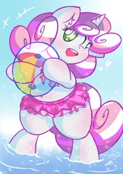 Size: 2480x3508 | Tagged: safe, artist:patoriotto, derpibooru import, sweetie belle, pony, beach ball, bipedal, clothes, cute, diasweetes, ear fluff, female, heart, high res, ocean, one eye closed, open mouth, solo, swimsuit, water