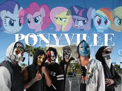 Size: 1024x768 | Tagged: safe, derpibooru import, edit, applejack, fluttershy, pinkie pie, rainbow dash, rarity, twilight sparkle, human, pony, angry, band, bandana, cap, charlie scene, clothes, da kurlzz, danny murillo, funny man, hat, hollywood undead, hoodie, irl, irl human, j-dog, johnny 3 tears, los angeles, mane six, mask, photo, sunglasses, truck