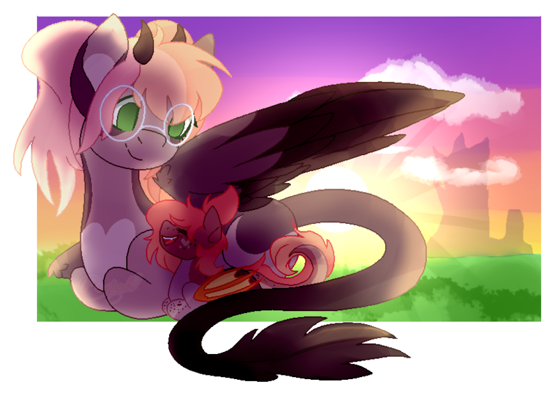 Size: 843x595 | Tagged: safe, artist:sweetie-drawz, derpibooru import, oc, oc:peach, oc:peachy dreamy, unofficial characters only, bat pony, pegasus, pony, female, filly, glasses, horns, mare, prone, sunset