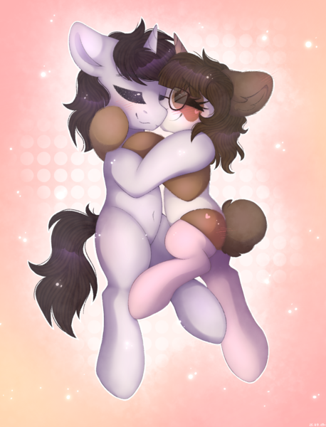 Size: 1513x1982 | Tagged: safe, artist:adostume, derpibooru import, oc, oc:adostume, oc:nicolash, unofficial characters only, bear, hybrid, panda, pony, unicorn, blank flank, blushing, clothes, couple, cute, digital art, eyes closed, female, glasses, happy, horn, hug, kissing, male, mare, nuzzling, romantic, shipping, simple background, smiling, socks, stallion, stockings, thigh highs