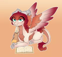 Size: 1280x1164 | Tagged: artist:redruin01, book, claws, derpibooru import, dracaven, dragon, feather, green eyes, horn, large wings, oc, oc:eri rebecula, original species, red hair, safe, solo, tail, unofficial characters only, wings