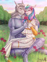 Size: 1644x2160 | Tagged: artist needed, source needed, safe, derpibooru import, princess celestia, oc, oc:light knight, anthro, argonian, armor, blushing, canon x oc, clothes, dress, eye contact, flower, lightestia, looking at each other, male, one eye closed, outdoors, shipping, side slit, sitting, species swap, the elder scrolls, tongue out, wink