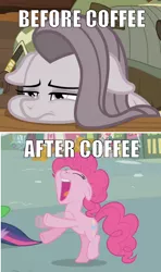 Size: 584x984 | Tagged: caption, coffee, derpibooru import, edit, edited screencap, hyperactive, image macro, meme, pinkie pie, safe, screencap, spike, text, the ticket master, twilight sparkle, yakity-sax