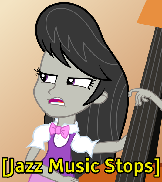 Size: 1786x2008 | Tagged: safe, artist:steyrrdash, derpibooru import, octavia melody, equestria girls, .svg available, bowtie, caption, cello, female, image macro, jazz music stops, meme, musical instrument, reaction image, solo, text, vector