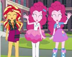Size: 1344x1076 | Tagged: safe, artist:mlp-silver-quill, derpibooru import, pinkie pie, sunset shimmer, comic:pinkie pie says goodnight, equestria girls, equestria girls series, cropped, cute, duality, geode of empathy, geode of sugar bombs, magical geodes, self paradox, trio, waving