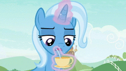 Size: 1920x1080 | Tagged: safe, derpibooru import, screencap, trixie, student counsel, animated, cup, displeased, female, food, mare, raised eyebrow, solo, sound, tea, teacup, webm