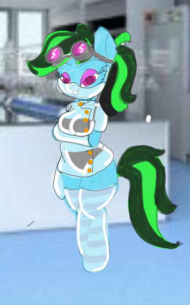 Size: 800x1280 | Tagged: suggestive, artist:drunken bubblez, deleted from derpibooru, derpibooru import, oc, oc:broken hoof, unofficial characters only, pony, breasts, clothes, female, goggles, lab coat, latex, socks, solo, striped socks, transparent, underwear