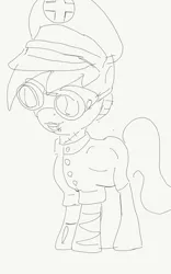 Size: 800x1280 | Tagged: safe, artist:drunken bubblez, deleted from derpibooru, derpibooru import, oc, oc:broken hoof, pony, clothes, goggles, hat, medic, sketch, uniform