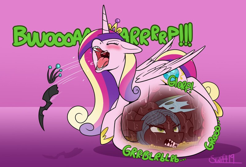 Size: 1280x870 | Tagged: abuse, alicorn, alternate version, artist:swiftsketchpone, belly, belly bed, big belly, blushing, broken horn, burp, burping up items, changeling, changeling queen, chrysabuse, crown, derpibooru import, digestion, drool, eyes closed, female, fetish, floppy ears, horn, huge belly, impossibly large belly, jewelry, mare, open mouth, princess cadance, queen chrysalis, questionable, regalia, semi-grimdark, stomach acid, stomach noise, vore, x-ray