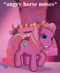 Size: 378x462 | Tagged: angry, angry horse noises, a very minty christmas, cropped, derpibooru import, descriptive noise, edit, edited screencap, fireplace, g3, horse noises, horses doing horse things, pinkie pie, pinkie pie (g3), pinkie pie is not amused, reaction image, safe, screencap, stamping hoof, text, unamused