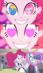 Size: 356x600 | Tagged: safe, artist:artistic dawn, derpibooru import, edit, edited screencap, screencap, pinkie pie, rainbow dash, coinky-dink world, eqg summertime shorts, equestria girls, secrets and pies, crack shipping, evil pie hater dash, female, heart eyes, lesbian, meme, pinkie's eyes, pinkiedash, pinkiehater, server pinkie pie, shipping, wingding eyes