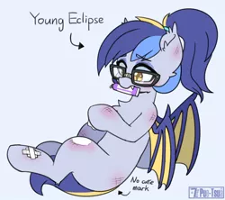 Size: 1170x1041 | Tagged: safe, artist:puetsua, derpibooru import, oc, oc:eclipse lim, unofficial characters only, bat pony, pony, bat pony oc, bat wings, blank flank, bruised, fangs, female, glasses, mouth hold, ointment, ponytail, solo, wings, younger