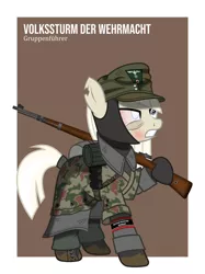 Size: 1024x1366 | Tagged: safe, artist:brony-works, derpibooru import, earth pony, pony, blind eye, camouflage, clothes, cold, female, gritted teeth, gun, hat, k98, mare, military, nazi, nazi germany, nazipone, pants, rifle, solo, torn ear, trenchcoat, uniform, volkssturm, weapon, world war ii, wristband