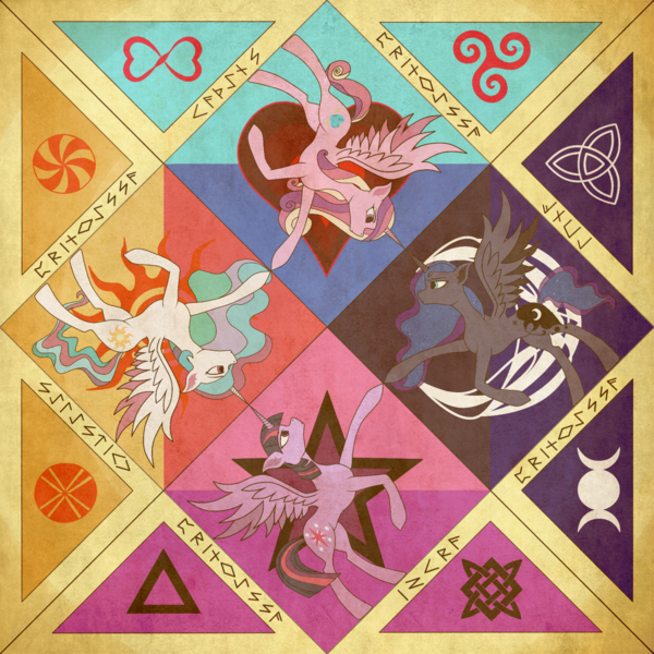 Size: 1773x1773 | Tagged: safe, artist:keshakadens, derpibooru import, princess cadance, princess celestia, princess luna, twilight sparkle, twilight sparkle (alicorn), alicorn, pony, celtic knot, futhark, heart, moon, runes, sun, trefoil, triquetra, triskelion