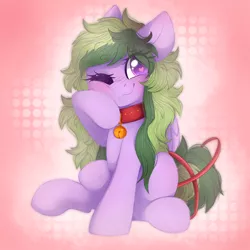 Size: 1882x1882 | Tagged: safe, artist:adostume, derpibooru import, oc, oc:toxiberry, unofficial characters only, pegasus, pony, bell, blushing, collar, cute, female, fluffy, fluffy mane, long mane, mare, one eye closed, simple background, sitting, smiling, solo, wink