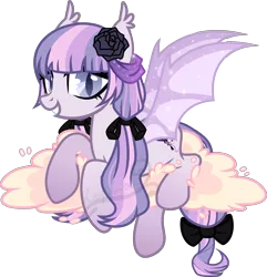 Size: 4231x4396 | Tagged: safe, artist:kojibiose, derpibooru import, oc, oc:lavender rose, unofficial characters only, bat pony, pony, bat pony oc, bat wings, cloud, female, flower, flower in hair, lying on a cloud, mare, on a cloud, prone, simple background, solo, transparent background, vector, wings