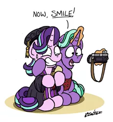Size: 1409x1527 | Tagged: safe, artist:bobthedalek, derpibooru import, firelight, starlight glimmer, pony, unicorn, atg 2019, camera, clothes, father and child, father and daughter, fathers gonna father, female, forced smile, glowing horn, graduation, hat, horn, magic, male, newbie artist training grounds, scroll, telekinesis, tudor cap