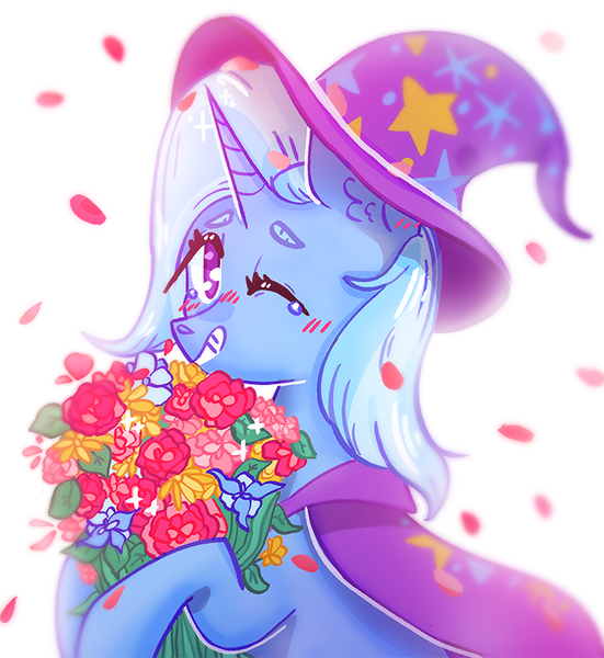 Size: 700x762 | Tagged: safe, artist:rednineuwu, derpibooru import, trixie, pony, unicorn, blushing, bouquet, cape, clothes, crying, cute, diatrixes, ear fluff, female, flower, happy, hat, mare, one eye closed, petals, smiling, solo, tears of joy, trixie's cape, trixie's hat