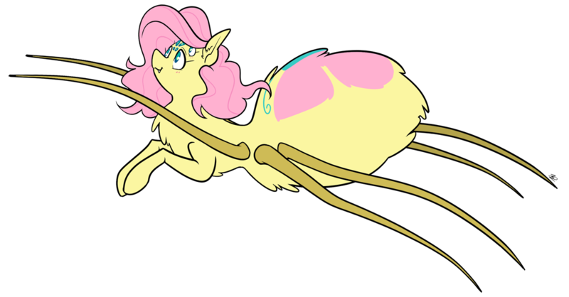 Size: 1200x627 | Tagged: alternate hairstyle, artist:egophiliac, comic:children of everfree, derpibooru import, female, fluttershy, leaping, monster mare, monster pony, original species, safe, simple background, solo, species swap, spiderpony, spidershy, transparent background