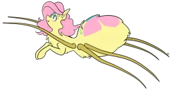 Size: 1200x627 | Tagged: alternate hairstyle, artist:egophiliac, comic:children of everfree, derpibooru import, female, fluttershy, leaping, monster mare, monster pony, original species, safe, simple background, solo, species swap, spiderpony, spidershy, transparent background