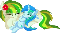 Size: 9573x5356 | Tagged: safe, artist:cyanlightning, derpibooru import, oc, oc:cyan lightning, oc:green lightning, unofficial characters only, pegasus, pony, unicorn, .svg available, absurd resolution, blushing, clothes, colt, cute, duo, eyes closed, female, flower, flower in hair, folded wings, male, mare, mother and child, mother and son, ocbetes, scarf, simple background, sleeping, smiling, transparent background, vector, wings