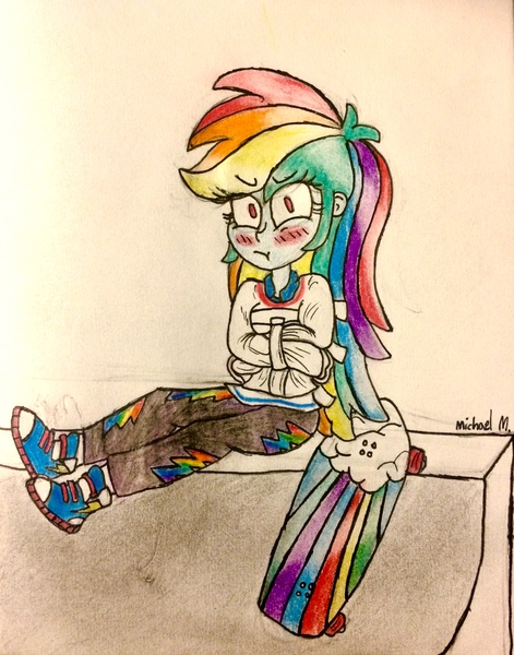 Size: 2393x3048 | Tagged: safe, artist:michaelmaddox222, deleted from derpibooru, derpibooru import, rainbow dash, equestria girls, equestria girls series, sic skateboard, spoiler:eqg series (season 2), :t, angry, blushing, bondage, clothes, colored, converse, female, half pipe, jeans, looking at you, pants, pencil drawing, shoes, signature, sitting, skateboard, sneakers, solo, straitjacket, traditional art