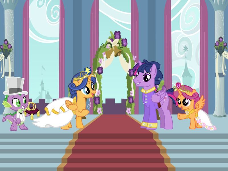 Size: 1025x768 | Tagged: safe, artist:turnaboutart, derpibooru import, flash sentry, scootaloo, spike, twilight sparkle, alicorn, dragon, pony, adopted offspring, alicornified, bride, clothes, crown, dress, dusk shine, duskflare, father and child, father and daughter, female, filly, flare warden, flashlight, flower filly, flower girl, flower girl dress, hat, jewelry, male, mare, marriage, race swap, regalia, requested art, rule 63, scootacorn, shipping, stallion, straight, suit, top hat, tuxedo, wedding, wedding dress, winged spike