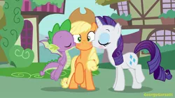 Size: 1724x969 | Tagged: safe, artist:georgegarza01, derpibooru import, applejack, rarity, spike, dragon, pony, blushing, cute, female, kiss on the cheek, kiss sandwich, kissing, male, moment killer, oops, shipping, show accurate, sparity, straight, surprised, winged spike