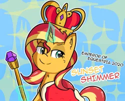 Size: 1988x1606 | Tagged: safe, artist:artiks, derpibooru import, sunset shimmer, pony, unicorn, atg 2019, cape, clothes, crown, female, jewelry, levitation, magic, mare, newbie artist training grounds, regalia, simple background, smug, solo, staff, telekinesis