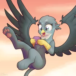 Size: 2000x2000 | Tagged: safe, artist:ohemo, derpibooru import, gabby, gryphon, atg 2019, blushing, cheerful, claws, cute, cutie mark, female, flying, gabbybetes, happy, looking down, newbie artist training grounds, open mouth, paw pads, paws, picture frame, smiling, solo, spread wings, talons, toe beans, toes, underpaw, wings
