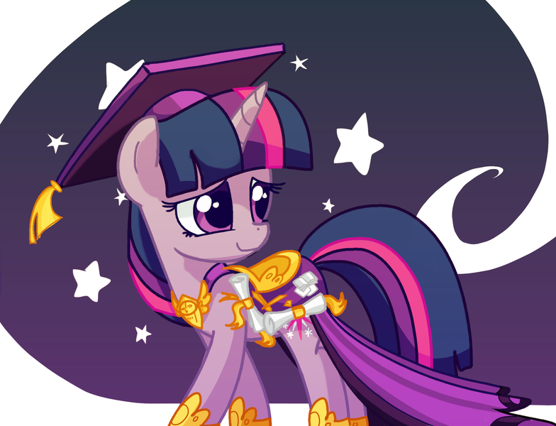 Size: 1927x1474 | Tagged: safe, artist:andromedasparkz, derpibooru import, twilight sparkle, pony, unicorn, atg 2019, cute, female, graduation cap, hat, looking back, mare, newbie artist training grounds, outfit, saddle, shy, solo, stars, tack, unicorn twilight, younger