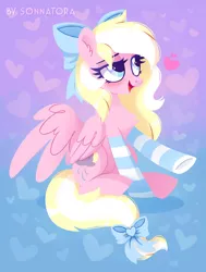 Size: 756x1000 | Tagged: safe, alternate version, artist:sonnatora, derpibooru import, oc, oc:bay breeze, unofficial characters only, pegasus, pony, blushing, bow, chest fluff, clothes, cute, ear fluff, female, hair bow, mare, open mouth, socks, striped socks, tail bow