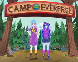 Size: 1700x1365 | Tagged: safe, artist:the_real_me, deleted from derpibooru, derpibooru import, princess celestia, princess luna, human, equestria girls, legend of everfree, badge, baseball cap, belt, belt buckle, camp everfree, camp everfree outfits, camper, cap, clothes, hat, high heels, hiking boots, humanized, kisekae, legs, neckerchief, principal celestia, sash, shoes, shorts, skirt, socks, vice principal luna