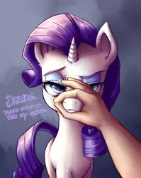 Size: 886x1111 | Tagged: safe, artist:artguydis, derpibooru import, rarity, human, pony, unicorn, annoyed, cute, darling, female, frown, glare, grabbing, hand, looking at you, mare, muzzle, muzzle grab, offscreen character, offscreen human, pov, raised eyebrow, raribetes, rarity is not amused, simple background, solo focus, unamused