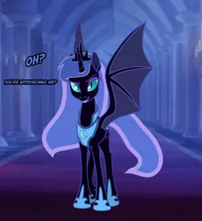 Size: 540x593 | Tagged: safe, artist:anima-dos, artist:duo cartoonist, artist:lionheartcartoon, derpibooru import, edit, nightmare moon, alicorn, bat pony, bat pony alicorn, pony, the moon rises, bat wings, bedroom eyes, castle, cute, dio brando, ethereal mane, eyeshadow, female, grin, horn, jojo's bizarre adventure, looking at you, makeup, mare, moonabetes, moonbat, oh you're approaching me, raised eyebrow, redesign, slit eyes, smiling, smirk, solo, spread wings, text, text edit, unshorn fetlocks, wings