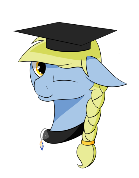 Size: 1902x2442 | Tagged: safe, alternate version, artist:barhandar, deleted from derpibooru, derpibooru import, oc, oc:windswept skies, unofficial characters only, pegasus, pony, atg 2019, braid, bust, charm, collar, graduation cap, hat, looking at you, male, newbie artist training grounds, one eye closed, simple background, smiling, solo, stallion, transparent background, wink