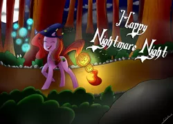 Size: 3500x2500 | Tagged: safe, artist:draconightmarenight, derpibooru import, oc, unofficial characters only, earth pony, pony, forest, hat, land, moon, night, nightmare night, nightmarenightloe2017, pumpkin, solo, spirit, walking, witch hat, witch pony