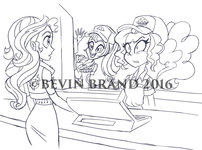 Size: 1280x950 | Tagged: safe, artist:bevin brand, deleted from derpibooru, derpibooru import, adagio dazzle, sonata dusk, sunset shimmer, equestria girls, awkward moment, cashier, fast food, female, food, image, jpeg, obtrusive watermark, official fan art, watermark