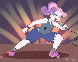 Size: 1000x800 | Tagged: safe, artist:empyu, derpibooru import, sweetie belle, equestria girls, 30 minute art challenge, bracelet, clothes, eyes closed, female, microphone, open mouth, screaming, shorts, solo, spiked wristband, tanktop, wristband