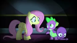 Size: 1280x720 | Tagged: safe, derpibooru import, screencap, fluttershy, spike, dragon, pegasus, pony, scare master, castle, clothes, costume, dragon costume, female, looking at each other, male, mare, nightmare night, twilight's castle