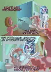 Size: 1132x1602 | Tagged: safe, artist:crispokefan, derpibooru import, pinkie pie, tom, vinyl scratch, oc, oc:pun, earth pony, pony, ask pun, ask, female, lmfao, mare, party rock anthem (lmfao feat. lauren bennett & goonrock), pun, song reference, visual pun