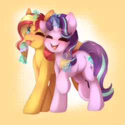 Size: 3000x3000 | Tagged: safe, artist:adostume, derpibooru import, starlight glimmer, sunset shimmer, pony, unicorn, blushing, commission, cute, eyes closed, female, food, glimmerbetes, happy, ice cream, lesbian, magic, mare, one eye closed, shimmerbetes, shimmerglimmer, shipping, smiling, telekinesis