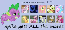 Size: 1313x609 | Tagged: safe, artist:porygon2z, derpibooru import, applejack, cheerilee, derpy hooves, fluttershy, granny smith, lotus blossom, nightmare moon, pinkie pie, spike, sweetie belle, zecora, alicorn, dragon, earth pony, pegasus, pony, unicorn, applespike, cheerispike, derpyspike, female, filly, flutterspike, grannyspike, le lenny face, male, mare, pinkiespike, shipping, spicora, spike gets all the mares, spikebelle, spikemoon, splotus, straight