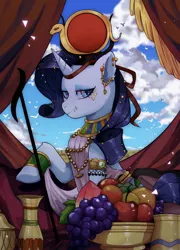 Size: 1080x1504 | Tagged: safe, artist:pvnix1hkmesynyx, derpibooru import, rarity, unicorn, apple, clothes, ear piercing, female, food, fruit, fruit bowl, grapes, jewelry, lip piercing, mare, piercing, solo